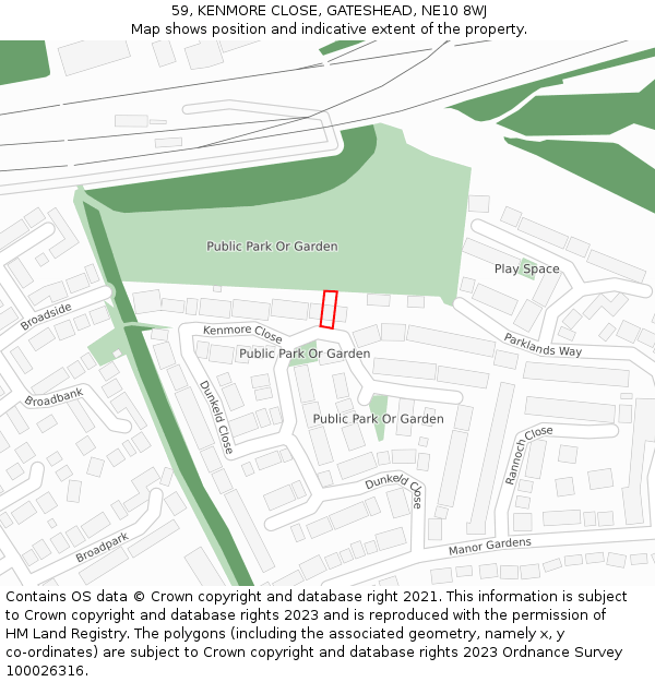 59, KENMORE CLOSE, GATESHEAD, NE10 8WJ: Location map and indicative extent of plot