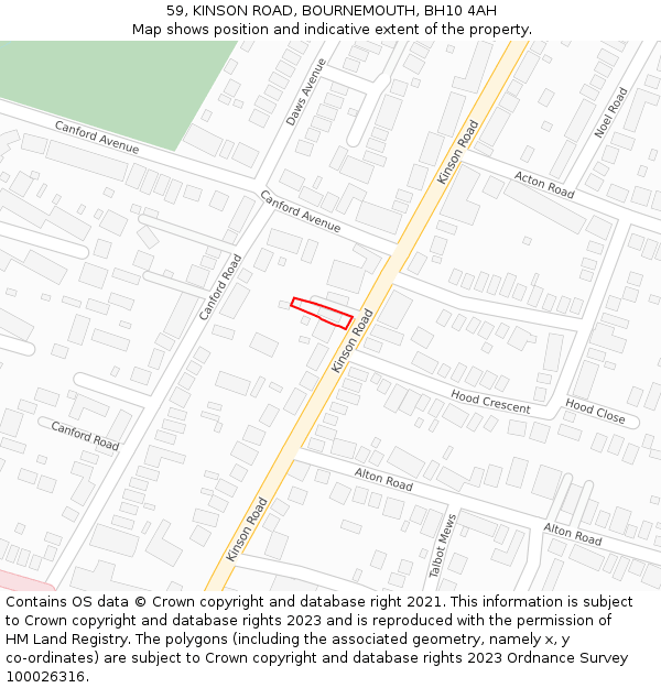 59, KINSON ROAD, BOURNEMOUTH, BH10 4AH: Location map and indicative extent of plot