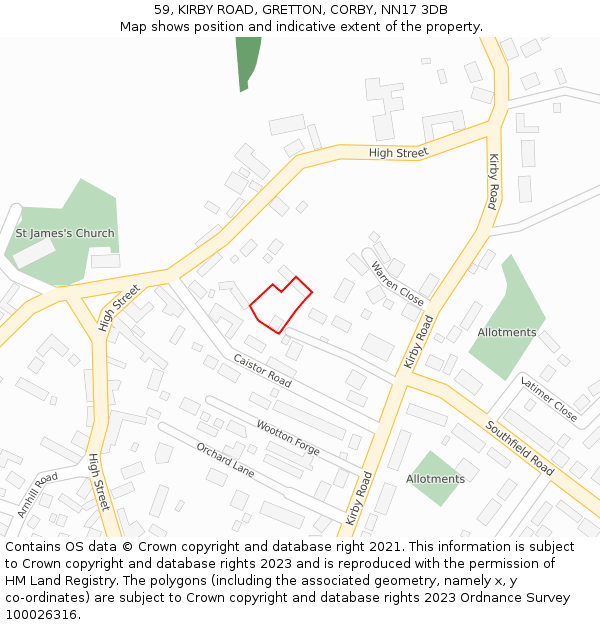 59, KIRBY ROAD, GRETTON, CORBY, NN17 3DB: Location map and indicative extent of plot