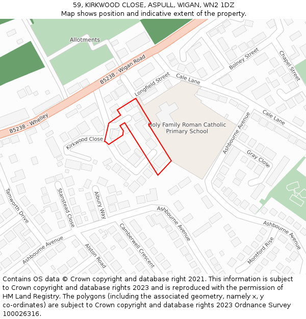 59, KIRKWOOD CLOSE, ASPULL, WIGAN, WN2 1DZ: Location map and indicative extent of plot