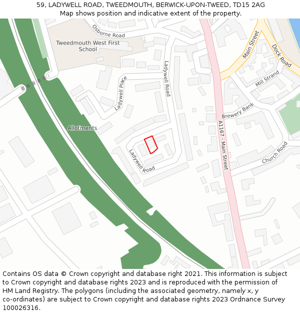 59, LADYWELL ROAD, TWEEDMOUTH, BERWICK-UPON-TWEED, TD15 2AG: Location map and indicative extent of plot