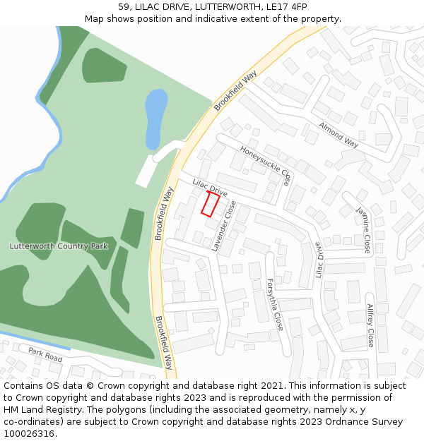 59, LILAC DRIVE, LUTTERWORTH, LE17 4FP: Location map and indicative extent of plot