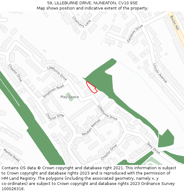 59, LILLEBURNE DRIVE, NUNEATON, CV10 9SE: Location map and indicative extent of plot