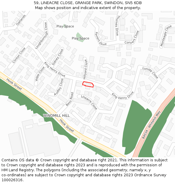 59, LINEACRE CLOSE, GRANGE PARK, SWINDON, SN5 6DB: Location map and indicative extent of plot