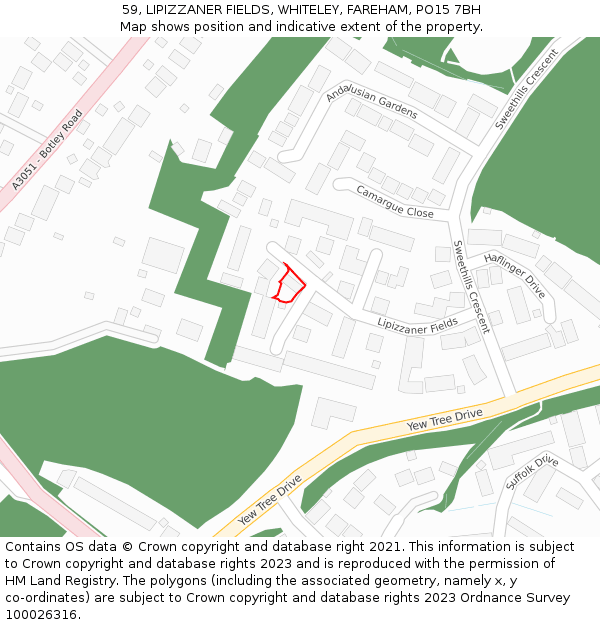 59, LIPIZZANER FIELDS, WHITELEY, FAREHAM, PO15 7BH: Location map and indicative extent of plot