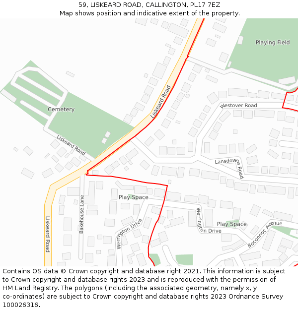 59, LISKEARD ROAD, CALLINGTON, PL17 7EZ: Location map and indicative extent of plot