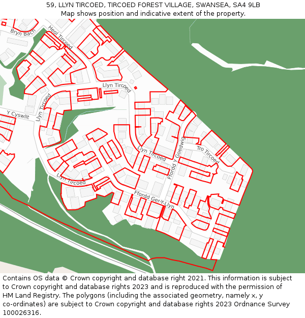 59, LLYN TIRCOED, TIRCOED FOREST VILLAGE, SWANSEA, SA4 9LB: Location map and indicative extent of plot