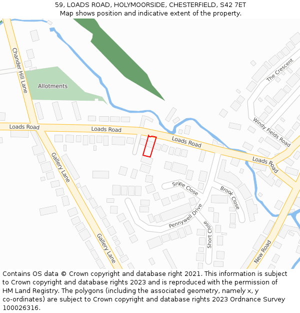 59, LOADS ROAD, HOLYMOORSIDE, CHESTERFIELD, S42 7ET: Location map and indicative extent of plot