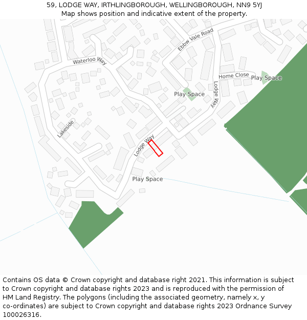 59, LODGE WAY, IRTHLINGBOROUGH, WELLINGBOROUGH, NN9 5YJ: Location map and indicative extent of plot