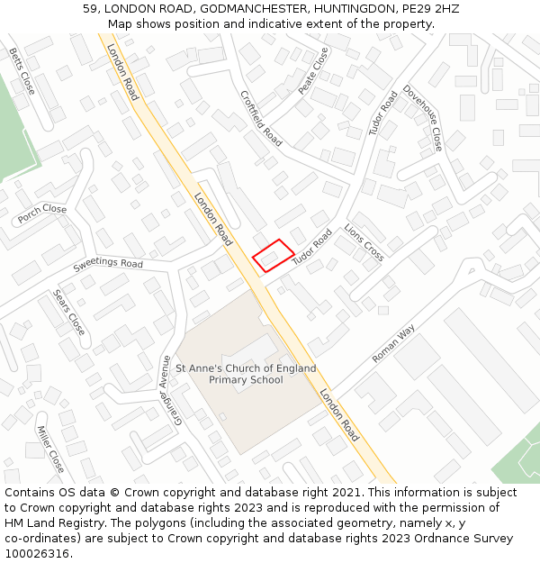 59, LONDON ROAD, GODMANCHESTER, HUNTINGDON, PE29 2HZ: Location map and indicative extent of plot