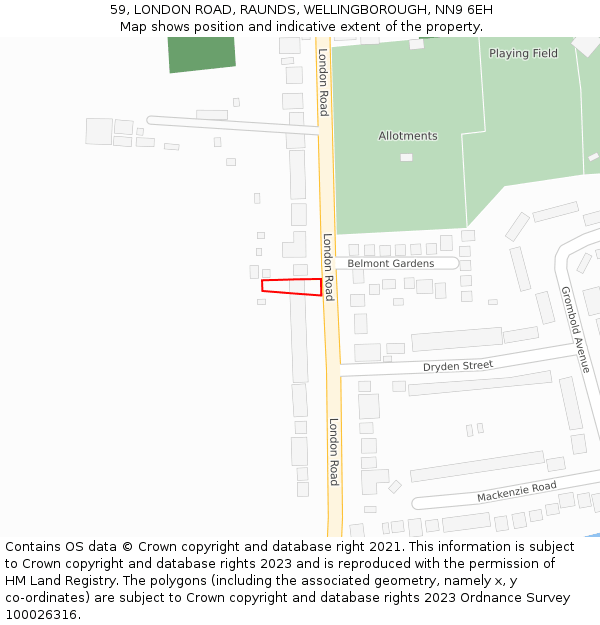 59, LONDON ROAD, RAUNDS, WELLINGBOROUGH, NN9 6EH: Location map and indicative extent of plot