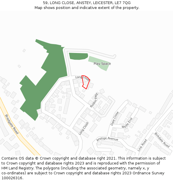 59, LONG CLOSE, ANSTEY, LEICESTER, LE7 7QG: Location map and indicative extent of plot