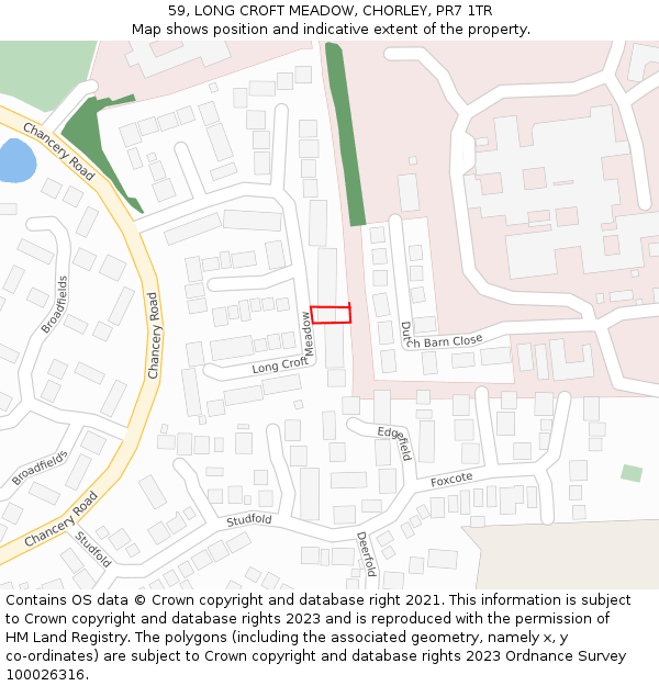 59, LONG CROFT MEADOW, CHORLEY, PR7 1TR: Location map and indicative extent of plot