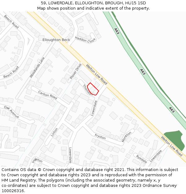 59, LOWERDALE, ELLOUGHTON, BROUGH, HU15 1SD: Location map and indicative extent of plot