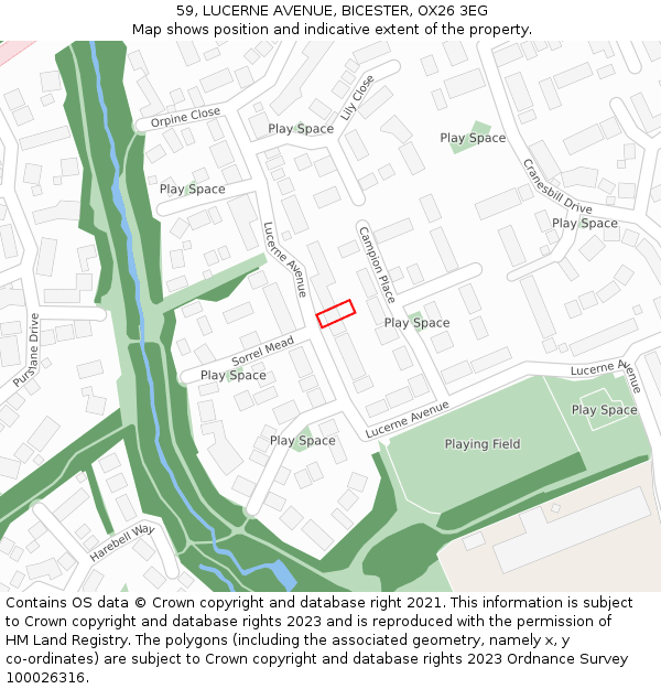 59, LUCERNE AVENUE, BICESTER, OX26 3EG: Location map and indicative extent of plot