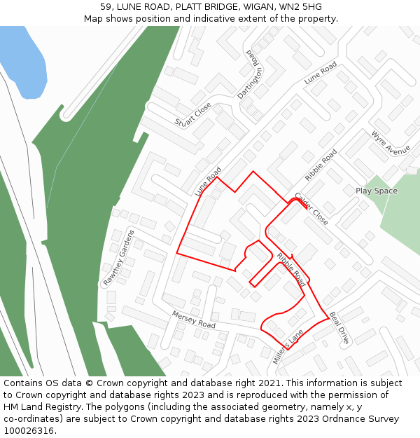 59, LUNE ROAD, PLATT BRIDGE, WIGAN, WN2 5HG: Location map and indicative extent of plot