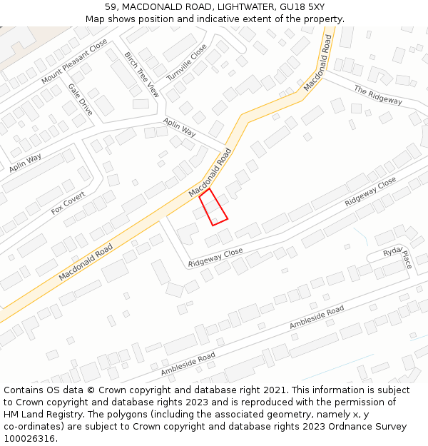 59, MACDONALD ROAD, LIGHTWATER, GU18 5XY: Location map and indicative extent of plot