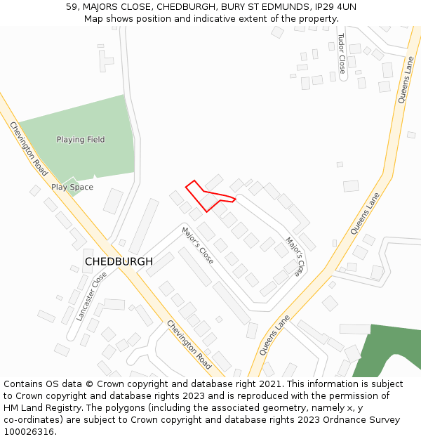 59, MAJORS CLOSE, CHEDBURGH, BURY ST EDMUNDS, IP29 4UN: Location map and indicative extent of plot