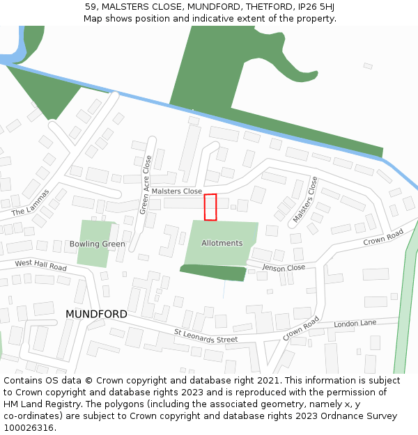 59, MALSTERS CLOSE, MUNDFORD, THETFORD, IP26 5HJ: Location map and indicative extent of plot