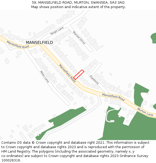 59, MANSELFIELD ROAD, MURTON, SWANSEA, SA3 3AG: Location map and indicative extent of plot