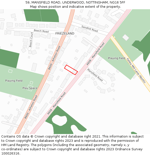 59, MANSFIELD ROAD, UNDERWOOD, NOTTINGHAM, NG16 5FF: Location map and indicative extent of plot