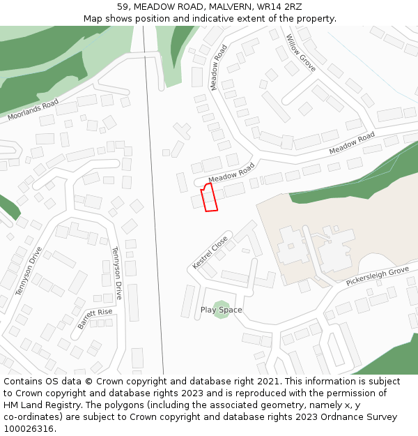 59, MEADOW ROAD, MALVERN, WR14 2RZ: Location map and indicative extent of plot