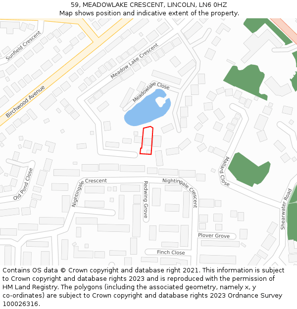 59, MEADOWLAKE CRESCENT, LINCOLN, LN6 0HZ: Location map and indicative extent of plot