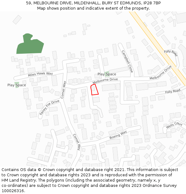 59, MELBOURNE DRIVE, MILDENHALL, BURY ST EDMUNDS, IP28 7BP: Location map and indicative extent of plot