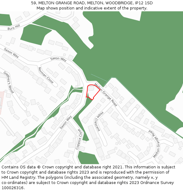 59, MELTON GRANGE ROAD, MELTON, WOODBRIDGE, IP12 1SD: Location map and indicative extent of plot