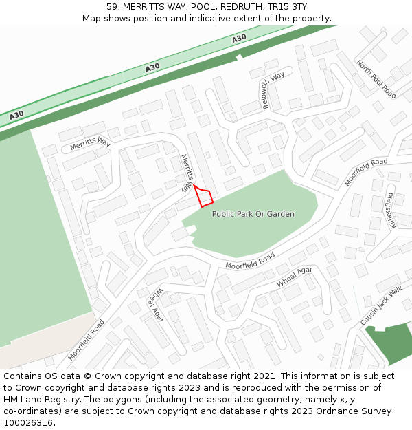 59, MERRITTS WAY, POOL, REDRUTH, TR15 3TY: Location map and indicative extent of plot