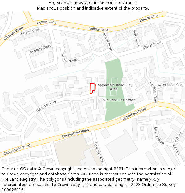 59, MICAWBER WAY, CHELMSFORD, CM1 4UE: Location map and indicative extent of plot