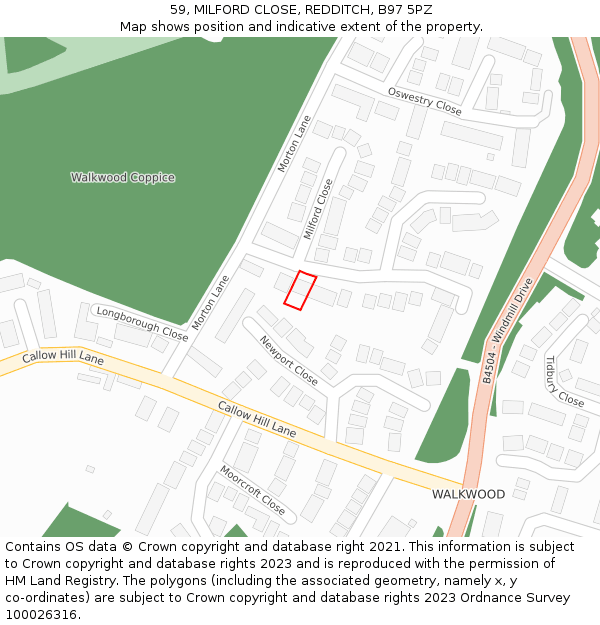 59, MILFORD CLOSE, REDDITCH, B97 5PZ: Location map and indicative extent of plot