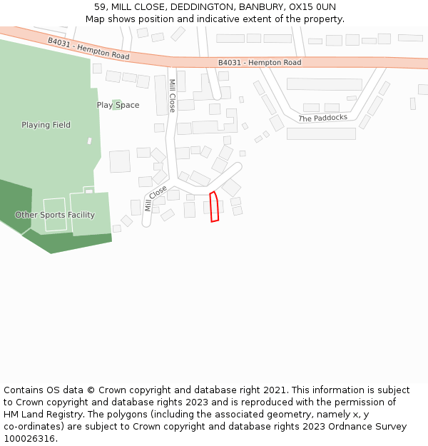 59, MILL CLOSE, DEDDINGTON, BANBURY, OX15 0UN: Location map and indicative extent of plot