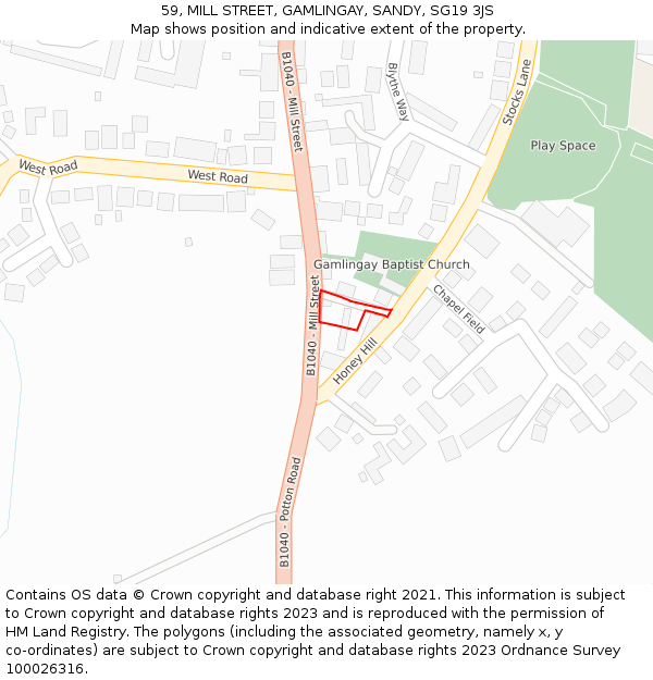 59, MILL STREET, GAMLINGAY, SANDY, SG19 3JS: Location map and indicative extent of plot