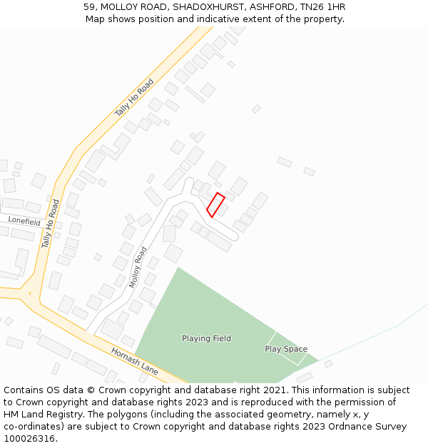 59, MOLLOY ROAD, SHADOXHURST, ASHFORD, TN26 1HR: Location map and indicative extent of plot