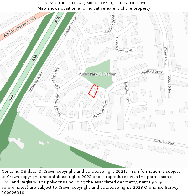 59, MUIRFIELD DRIVE, MICKLEOVER, DERBY, DE3 9YF: Location map and indicative extent of plot