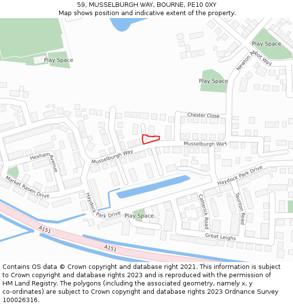 59, MUSSELBURGH WAY, BOURNE, PE10 0XY: Location map and indicative extent of plot