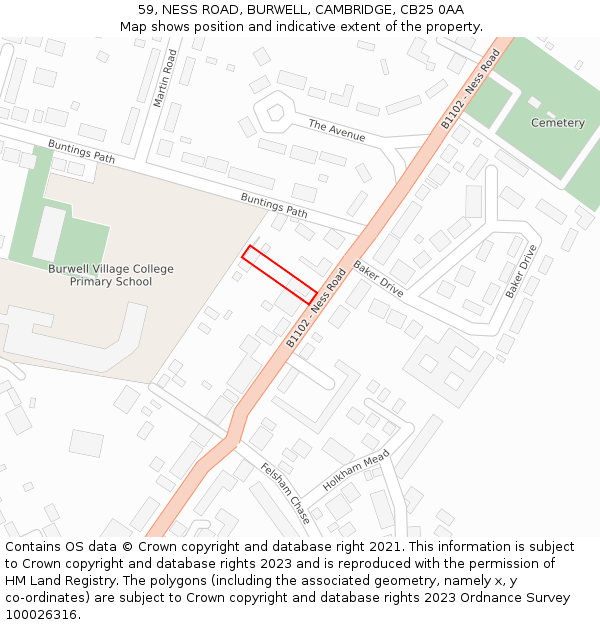 59, NESS ROAD, BURWELL, CAMBRIDGE, CB25 0AA: Location map and indicative extent of plot