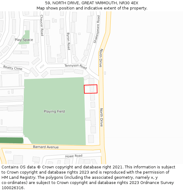 59, NORTH DRIVE, GREAT YARMOUTH, NR30 4EX: Location map and indicative extent of plot