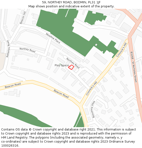 59, NORTHEY ROAD, BODMIN, PL31 1JF: Location map and indicative extent of plot