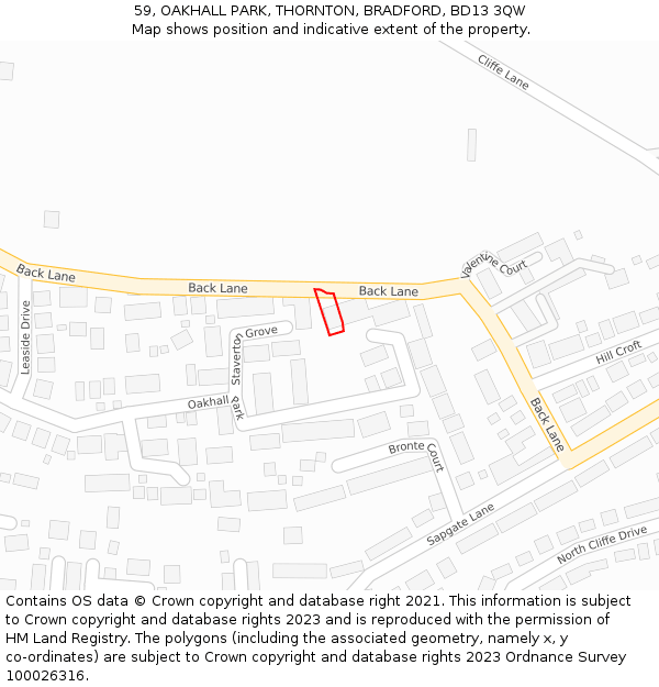 59, OAKHALL PARK, THORNTON, BRADFORD, BD13 3QW: Location map and indicative extent of plot