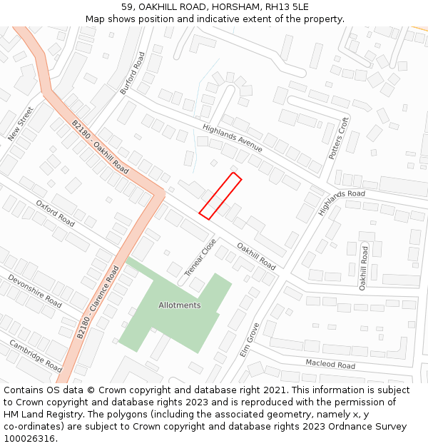 59, OAKHILL ROAD, HORSHAM, RH13 5LE: Location map and indicative extent of plot