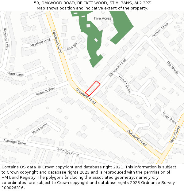 59, OAKWOOD ROAD, BRICKET WOOD, ST ALBANS, AL2 3PZ: Location map and indicative extent of plot