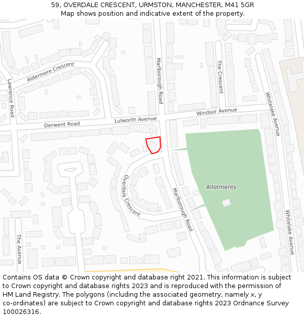 59, OVERDALE CRESCENT, URMSTON, MANCHESTER, M41 5GR: Location map and indicative extent of plot