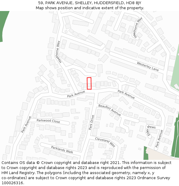 59, PARK AVENUE, SHELLEY, HUDDERSFIELD, HD8 8JY: Location map and indicative extent of plot