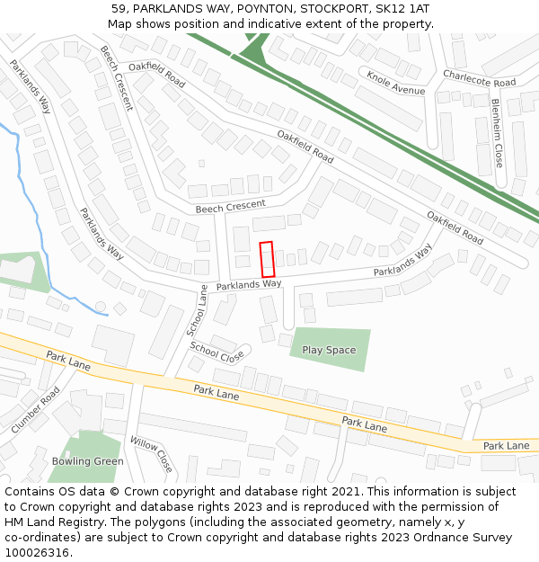 59, PARKLANDS WAY, POYNTON, STOCKPORT, SK12 1AT: Location map and indicative extent of plot