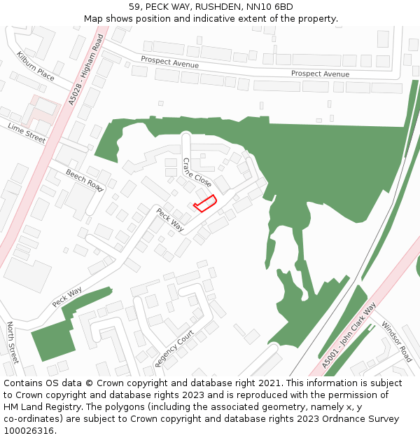 59, PECK WAY, RUSHDEN, NN10 6BD: Location map and indicative extent of plot