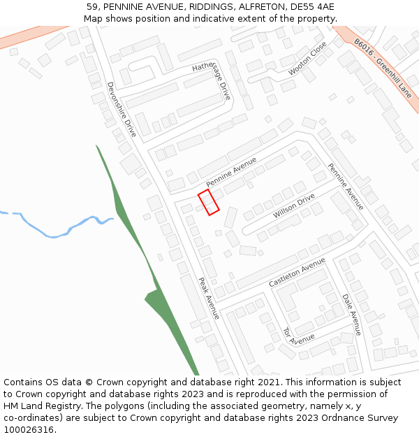 59, PENNINE AVENUE, RIDDINGS, ALFRETON, DE55 4AE: Location map and indicative extent of plot