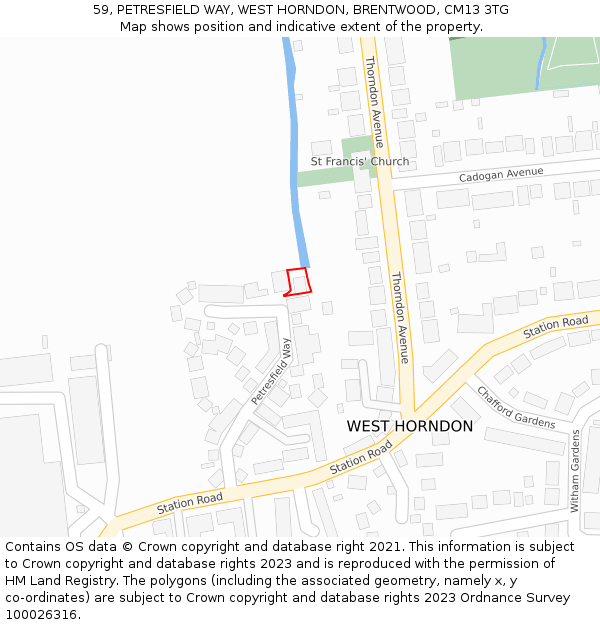 59, PETRESFIELD WAY, WEST HORNDON, BRENTWOOD, CM13 3TG: Location map and indicative extent of plot