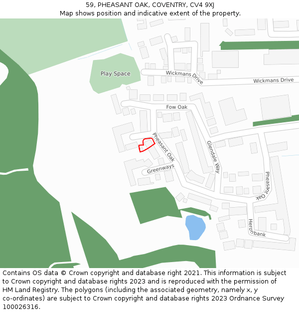 59, PHEASANT OAK, COVENTRY, CV4 9XJ: Location map and indicative extent of plot